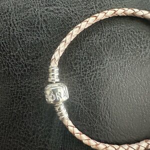Pandora Leather Cream/Tan Braided Bracelet with Signature Sterling Silver Clasp